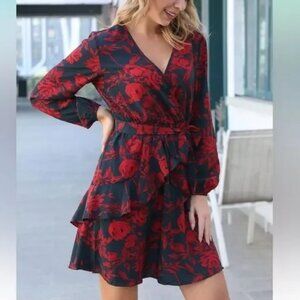 Uguest Long Sleeve Surplice V-Neck Red & Charcoal Floral Ruffle Dress Size M